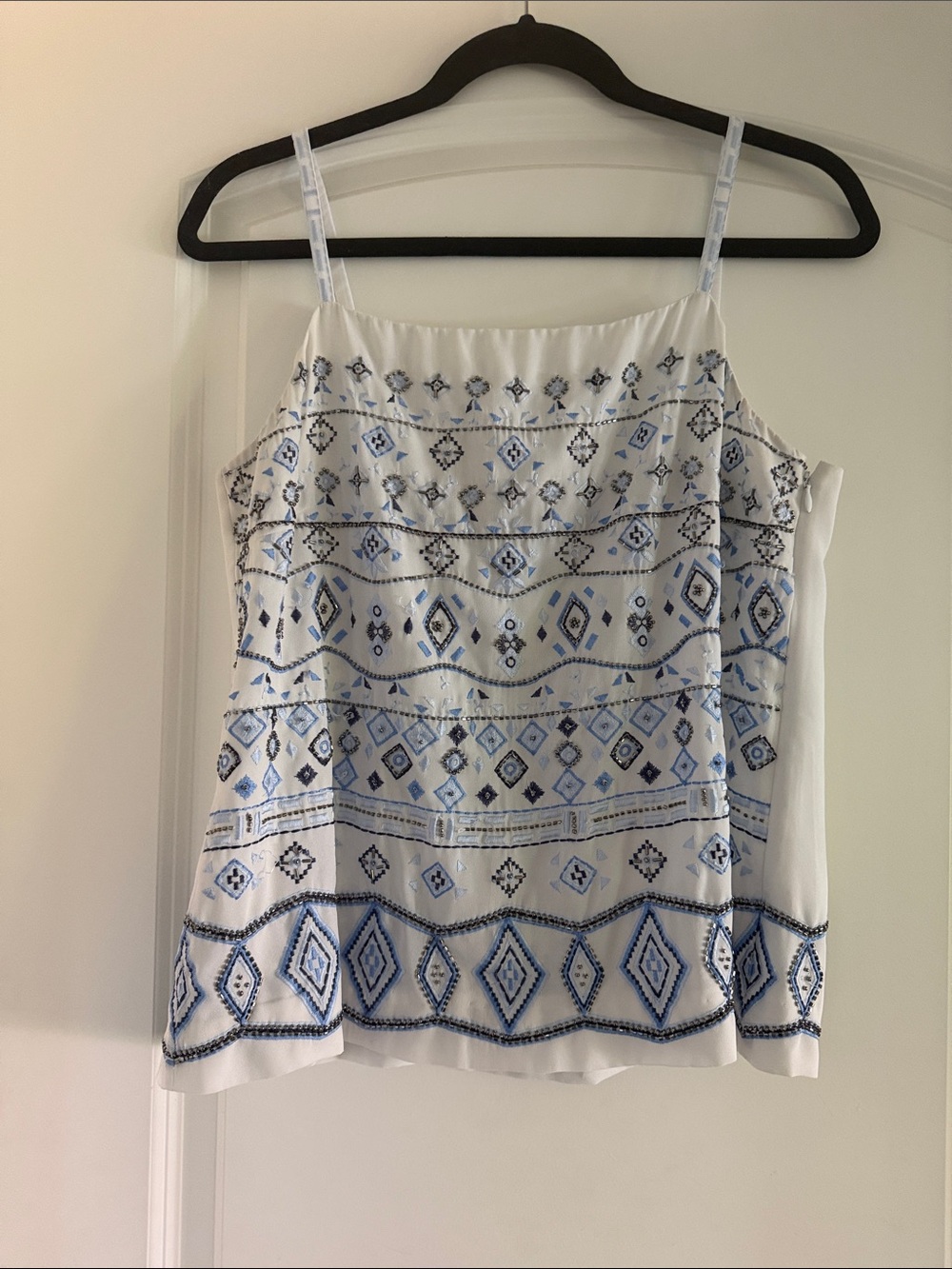WHBM White & Blue Embroidered Spaghetti Strap Top